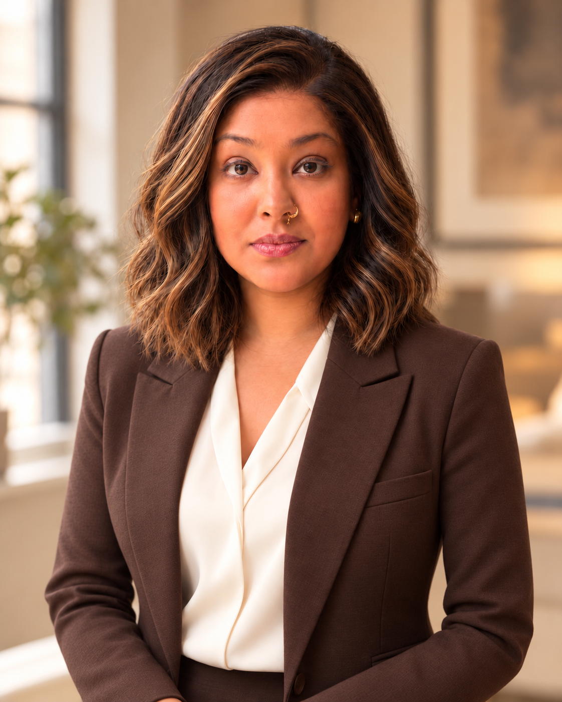 Aphya Kabir, private family law consultant, in a mocha blazer and ivory blouse
